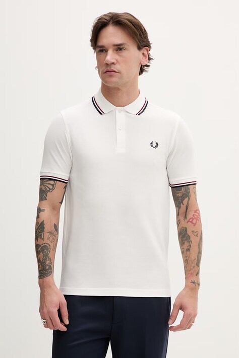 Fred Perry polo de bumbac Twin Tipped Shirt culoarea alb, cu imprimeu, M3600.T60