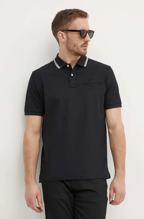 Bavlněné polo tričko Gant černá barva, s aplikací
