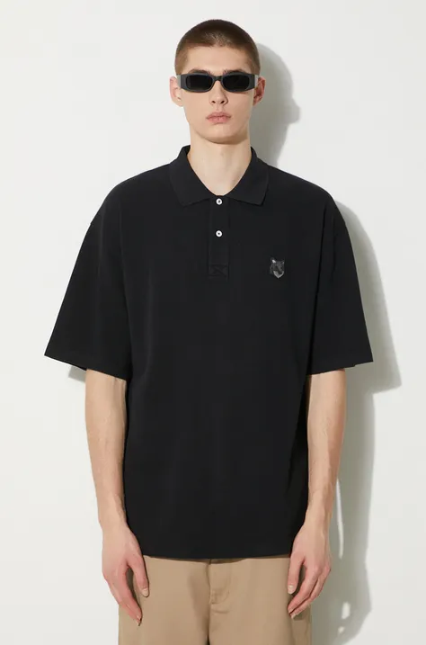 Bavlněné polo tričko Maison Kitsuné Bold Fox Head Patch Oversize Polo černá barva, s aplikací, MM00202KJ7010