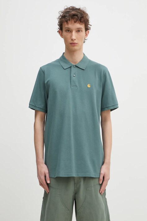 Хлопковое поло Carhartt WIP S/S Chase Pique Polo мужское цвет зелёный однотонное I023807.2N0XX