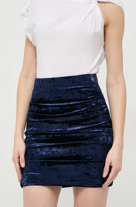 Velur suknja Guess boja: tamno plava, mini, ravna