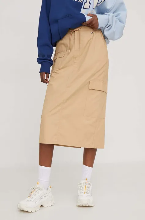 Bavlnená sukňa Tommy Jeans béžová farba,midi,rovný strih,DW0DW17439