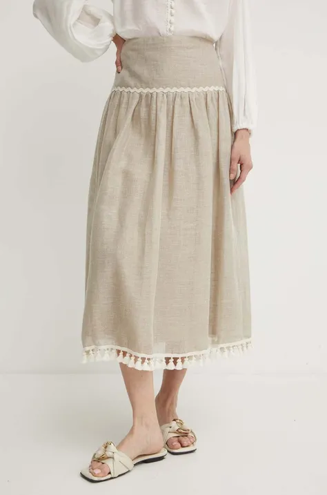 Lněná sukně Luisa Spagnoli TERMALE béžová barva, midi, áčková, 541011