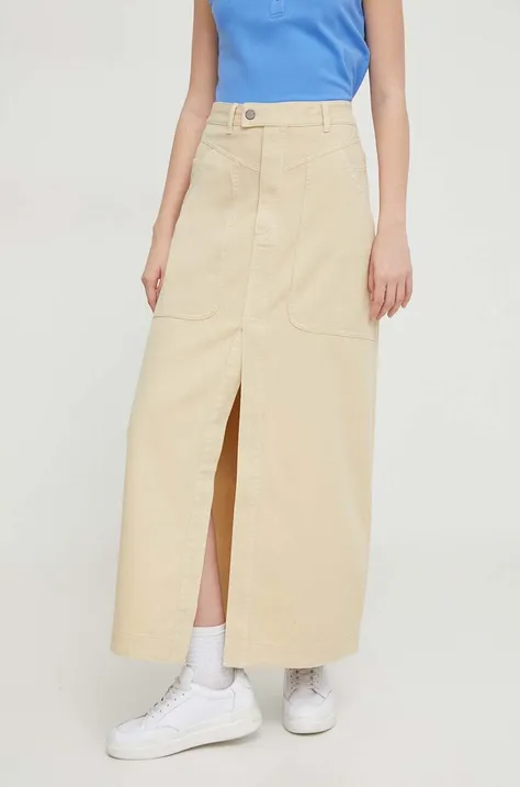 Rifľová sukňa Pepe Jeans Shelby béžová farba, maxi, áčkový strih