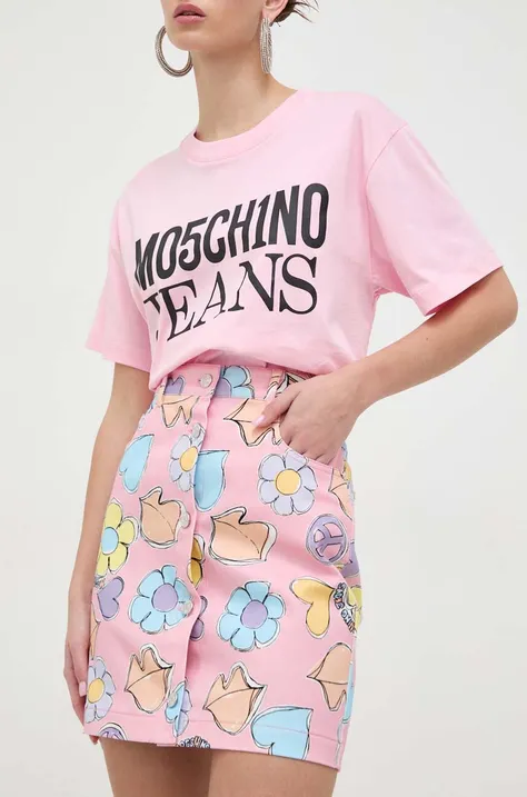 Rifľová sukňa Moschino Jeans ružová farba, mini, rovný strih