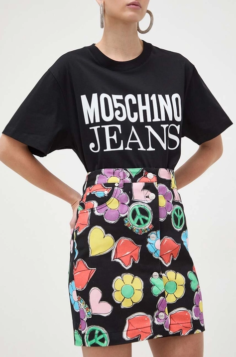 Rifľová sukňa Moschino Jeans čierna farba, mini, rovný strih