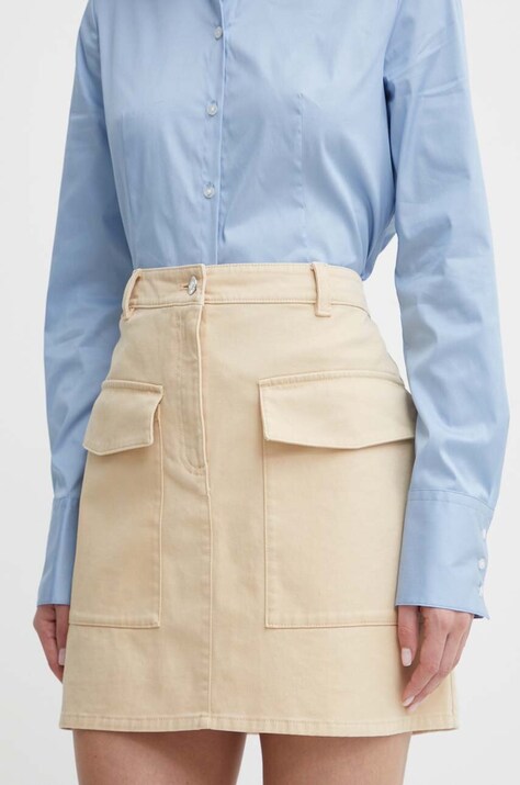 HUGO fustă din denim culoarea bej, mini, dreaptă, 50510887
