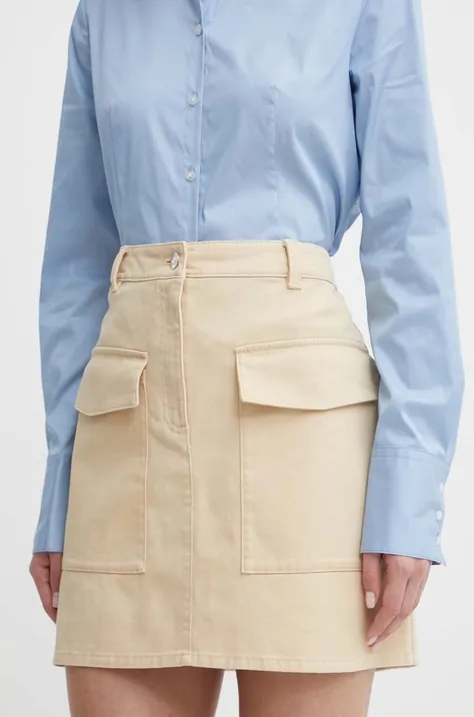 Rifľová sukňa HUGO béžová farba,mini,rovný strih,50510887