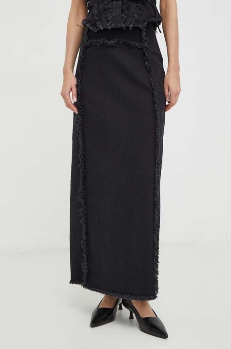 Gestuz fustă din denim culoarea negru, maxi, dreaptă 10908698
