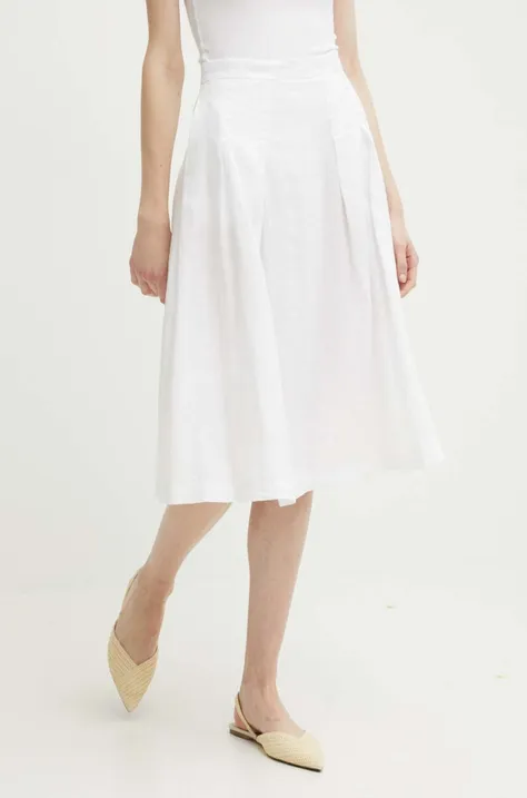 Ľanová sukňa United Colors of Benetton biela farba, midi, áčkový strih
