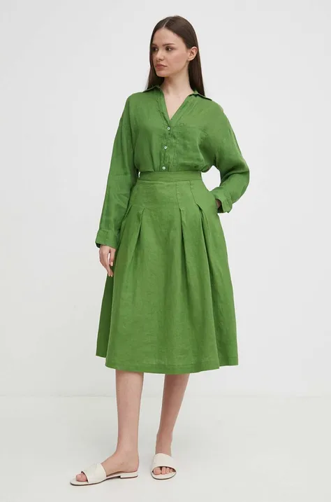 Ľanová sukňa United Colors of Benetton zelená farba, midi, áčkový strih