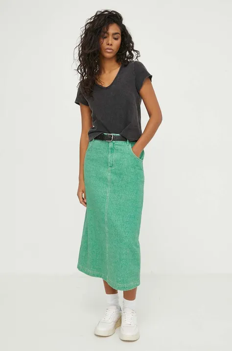 American Vintage spódnica jeansowa kolor zielony midi rozkloszowana