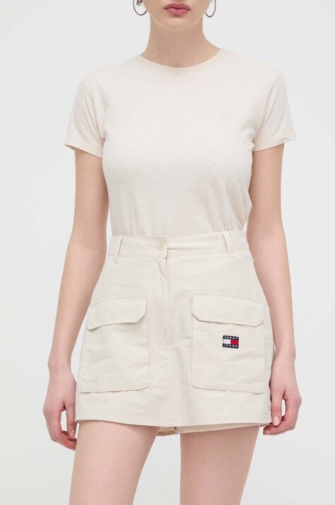 Tommy Jeans fustă-pantalon culoarea bej, mini, drept DW0DW17874