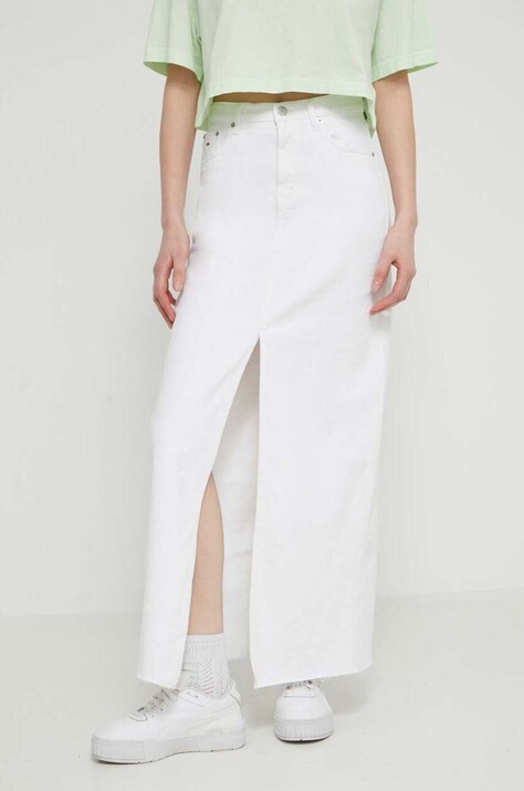 Rifľová sukňa Tommy Jeans biela farba, maxi, rovný strih, DW0DW17991