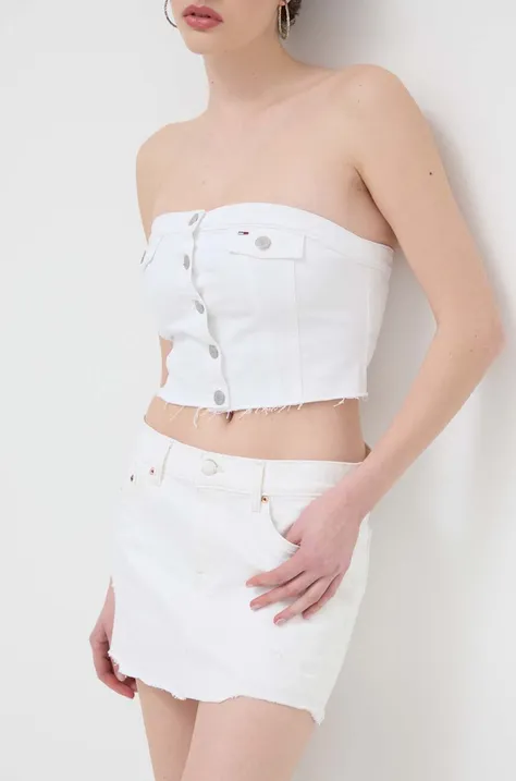 Rifľová sukňa Tommy Jeans biela farba,mini,puzdrová,DW0DW17992