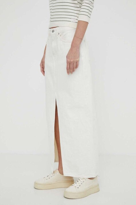 Rifľová sukňa Levi's biela farba, maxi, rovný strih