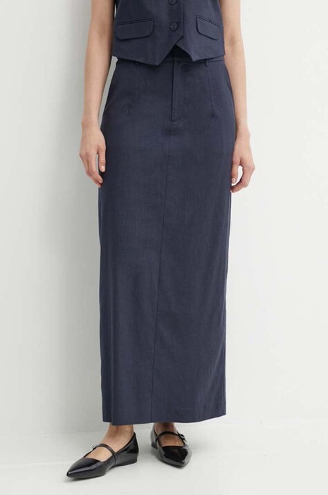 Ленена пола Gestuz в тъмносиньо дълга със стандартна кройка 10909103