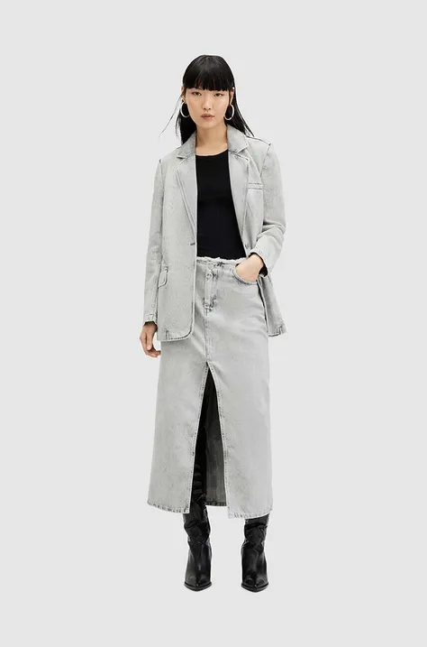 Bavlnená rifľová sukňa AllSaints HONOR šedá farba, maxi, rovný strih