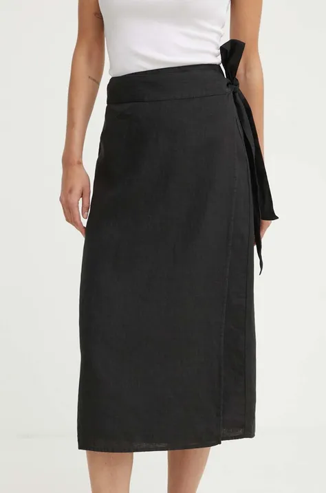 Ľanová sukňa Marc O'Polo čierna farba, midi, rovný strih, 404064520219