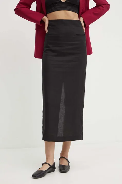 Suknja s dodatkom lana Bardot RHEE boja: crna, midi, ravna, 59340SB