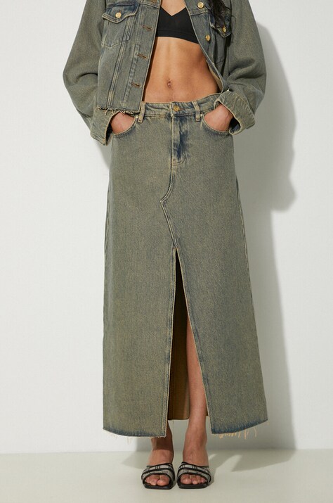 GANNI fustă din denim Overdyed Heavy Denim Maxi Skirt culoarea maro, maxi, evazată, J1477