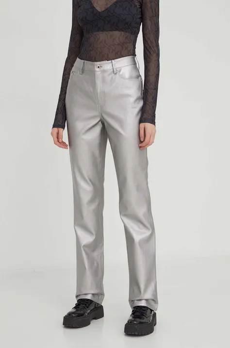 Karl Lagerfeld Jeans pantaloni femei, culoarea argintiu, drept, high waist