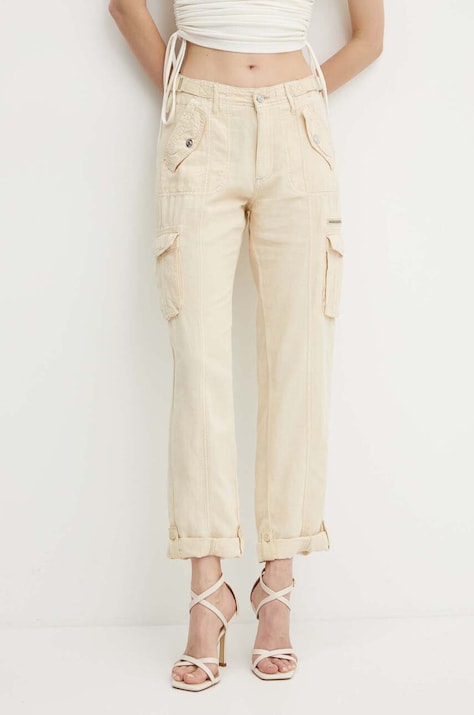 Guess pantaloni din amestec de in NESSI culoarea bej, fason cargo, high waist, W4GA0A WG8N0