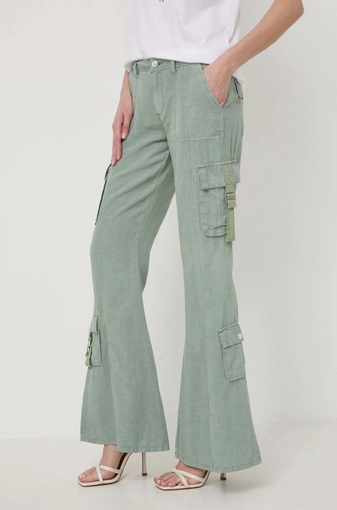 Guess pantaloni din amestec de in CLAY culoarea verde, evazati, high waist, W4GA88 WG8N0