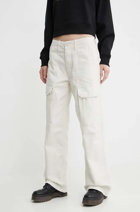 Bavlnené nohavice Vans béžová farba, široké, vysoký pás