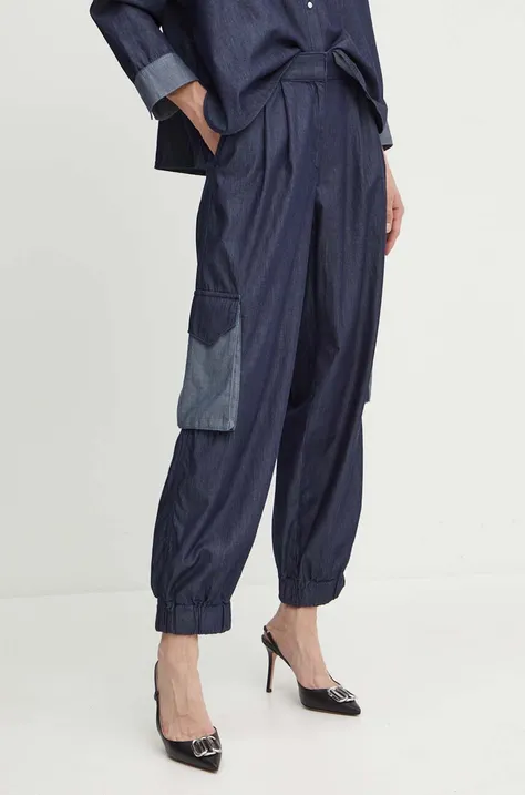 Bavlněné kalhoty MAX&Co. tmavomodrá barva, jednoduché, high waist, 2416181053200