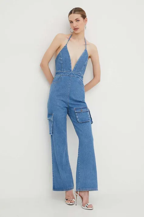 Bardot kombinezon jeansowy kolor niebieski z dekoltem w szpic