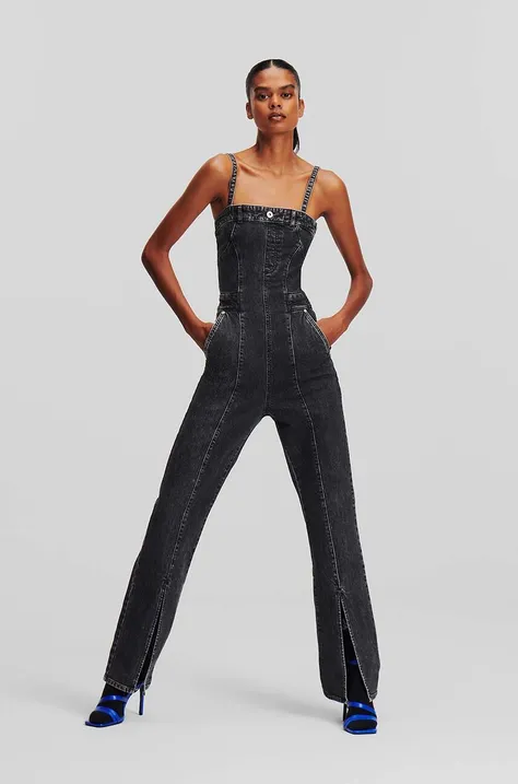 Karl Lagerfeld Jeans kombinezon jeansowy kolor szary bawełniany z dekoltem karo
