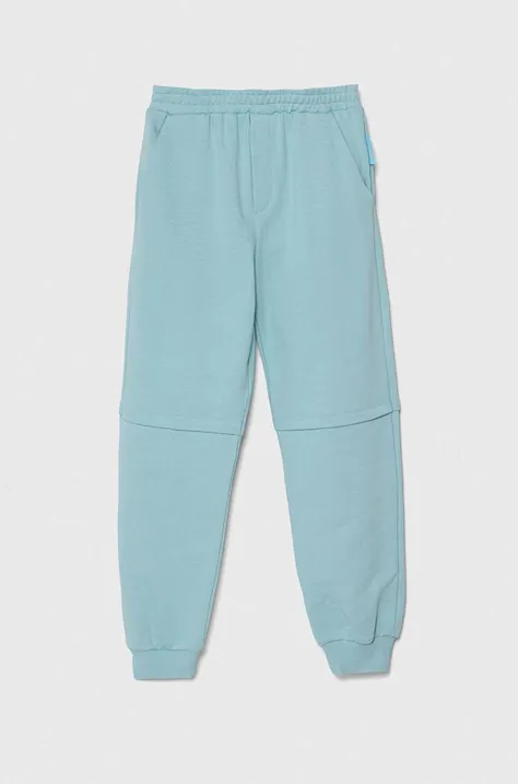 Emporio Armani spodnie dresowe bawełniane dziecięce x The Smurfs kolor turkusowy gładkie