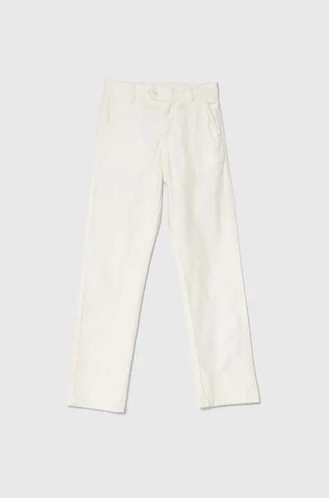 Дитячі штани з домішкою льону Guess колір білий однотонні