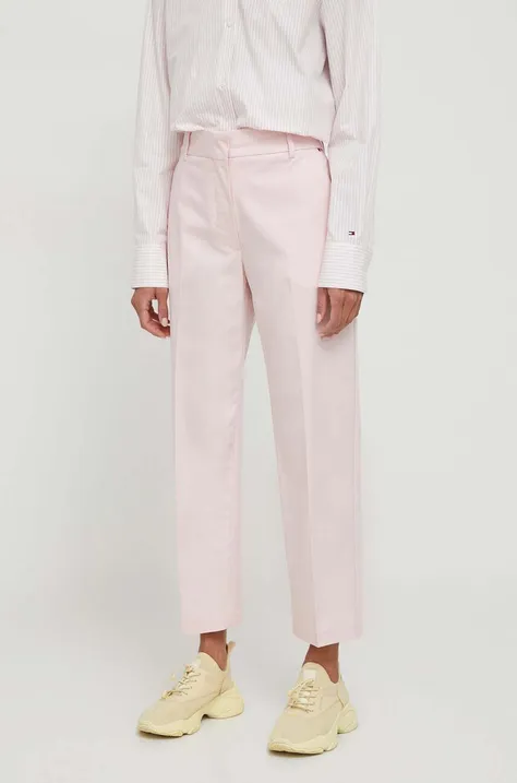 Kalhoty Tommy Hilfiger dámské, růžová barva, jednoduché, high waist, WW0WW40504