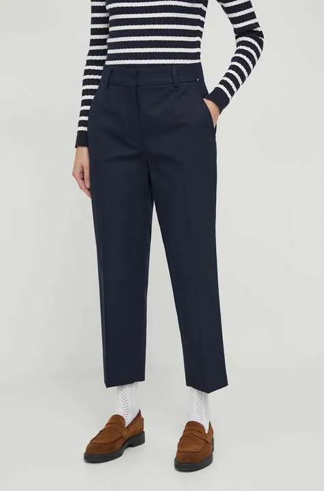Tommy Hilfiger pantaloni femei, culoarea bleumarin, drept, high waist WW0WW40504