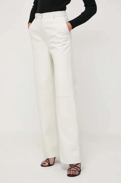 BOSS spodnie skórzane damskie kolor beżowy proste high waist