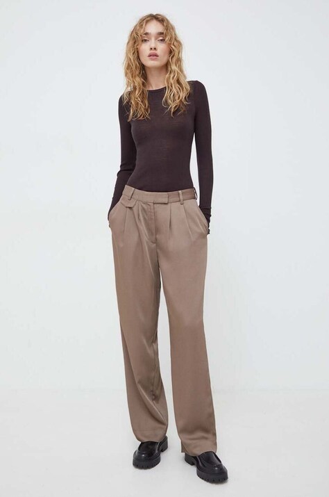 Bruuns Bazaar pantaloni femei, culoarea bej, drept, high waist