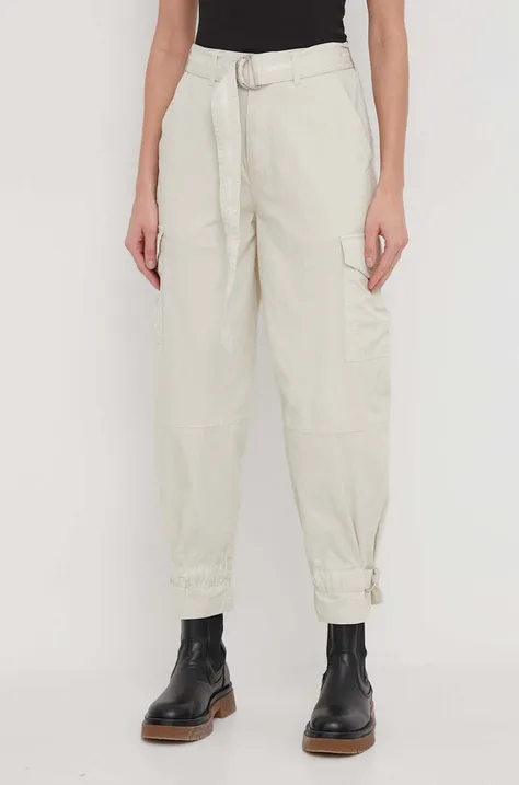 Dkny spodnie damskie kolor beżowy fason cargo high waist E3KK0VDZ