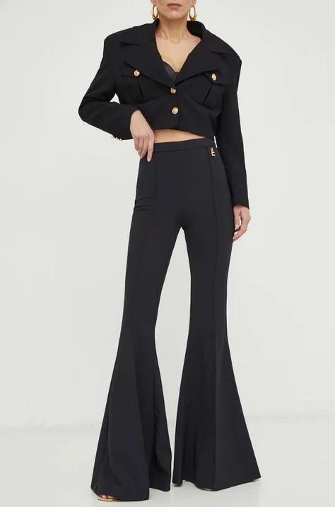 Elisabetta Franchi spodnie damskie kolor czarny dzwony high waist PA02441E2
