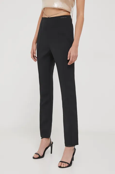 Calvin Klein Jeans pantaloni femei, culoarea negru, mulată, high waist J20J222608