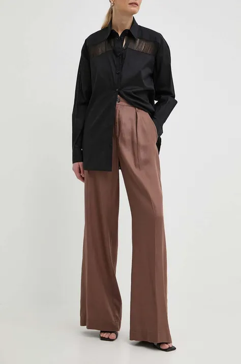 Nohavice Pinko dámske, hnedá farba, rovné, vysoký pás, 102890 A1JI