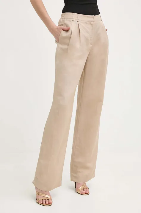 Twinset pantaloni din in culoarea bej, lat, high waist