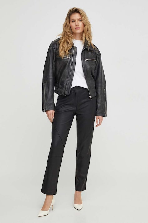 Велурен панталон 2NDDAY 2ND Kurt - Dense Leather в черно със стандартна кройка, с висока талия 2241561653