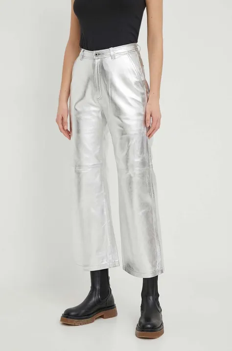 Kožne hlače Pepe Jeans za žene, boja: srebrna, ravni kroj, visoki struk