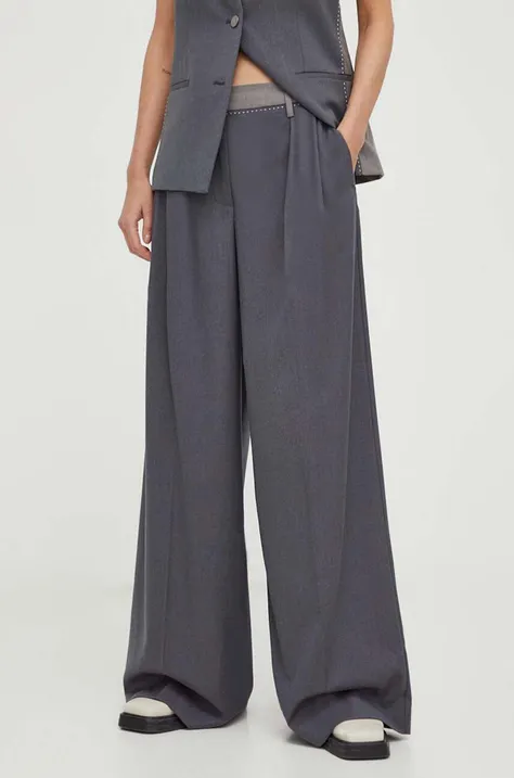 Nohavice s prímesou vlny Remain šedá farba, široké, vysoký pás