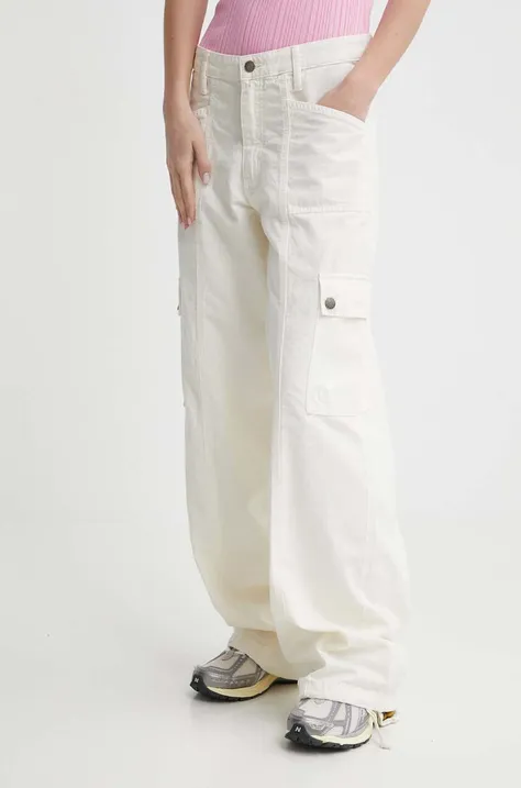 Панталон Guess Originals в бежово със стандартна кройка, с висока талия
