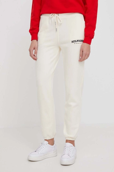 Tommy Hilfiger pantaloni de trening din bumbac culoarea bej, cu imprimeu WW0WW41572