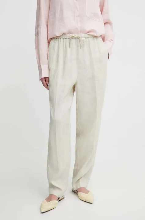 Льняні штани Tommy Hilfiger колір бежевий прямі висока посадка WW0WW41347