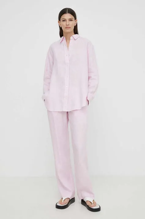 Samsoe Samsoe spodnie lniane HOYS kolor różowy proste medium waist F23900002